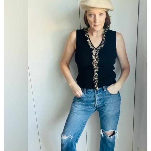 Vintage Ruffle Trim Ribbed Tank Top Black & Animal Print Detail Y2K Glam - Picture 6 of 9